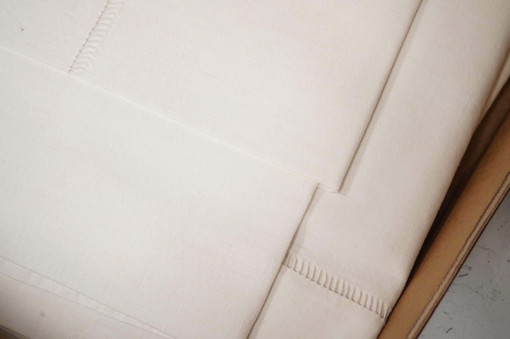 Five French provincial coarse linen drawn thread and monogrammed French top sheets